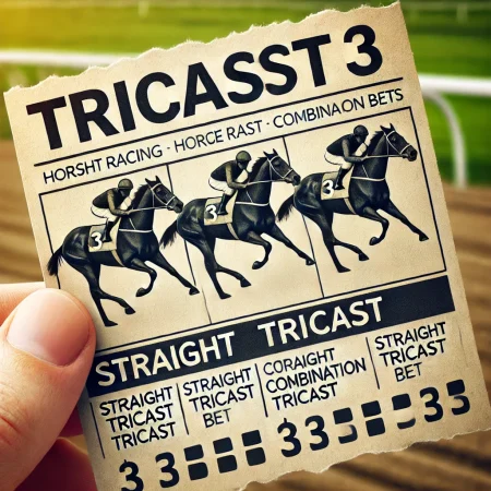 DALL·E 2024-10-15 11.13.31 – A clear image showing a horse racing betting slip highlighting a Tricast Bet, with the word ‘Tricast’ clearly visible. The slip should display three h online horse racing betting