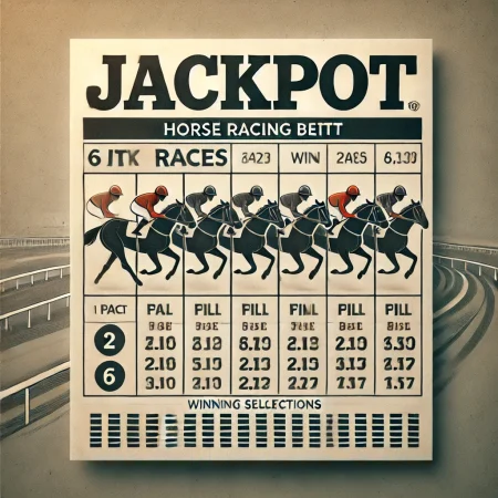 DALL·E 2024-10-15 11.47.20 – An image showing a horse racing betting slip highlighting a Jackpot Bet, with the word ‘Jackpot’ clearly visible. The slip should display six races wi horse racing tips today