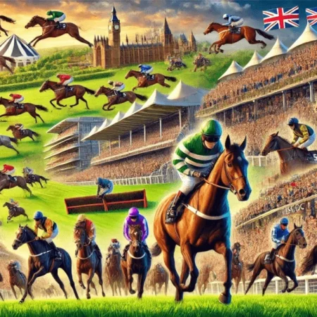 12-races-year A dynamic scene showcasing various major UK horse racing events, including horses racing down a lush green track with jockeys in colorful silks.
